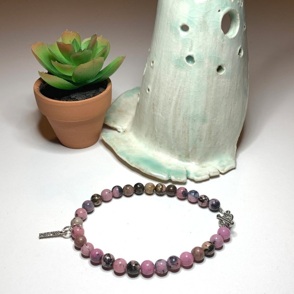 Handmade Rhodonite Beads & Crystal Bar
